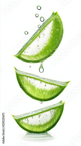 Wallpaper Mural Aloe vera slices vertically arranged, glistening with water droplets, presenting natural hydration and freshness against pristine white backdrop Torontodigital.ca
