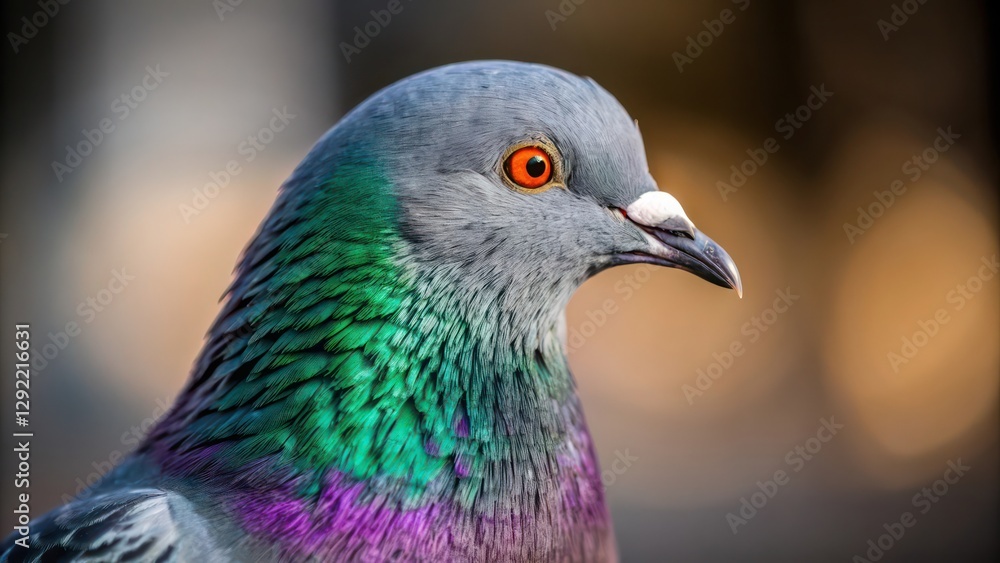 a close-up shot of a colorful pigeon showcasing its iridescent feathers and focused gaze a close-up shot of a colorful pigeon showcasing its iridescent feathers and focused gaze