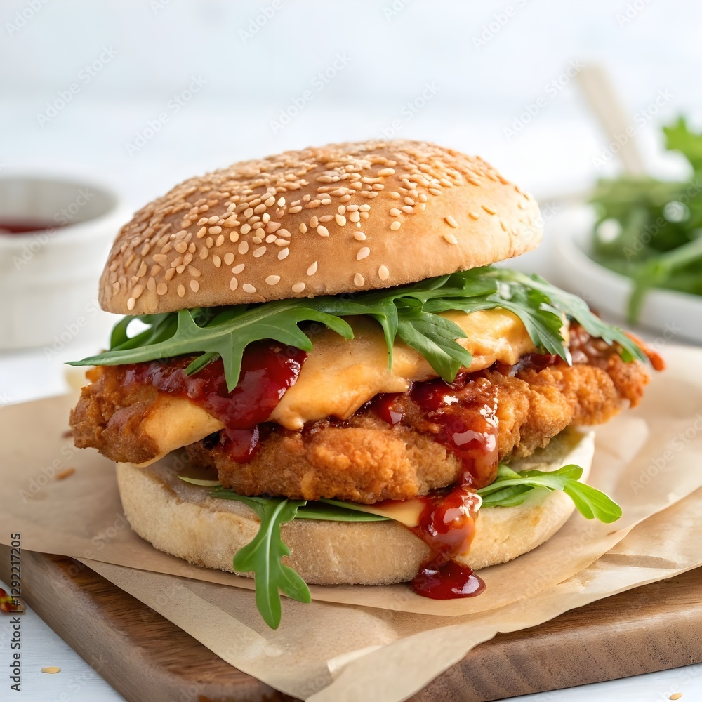 crispy chicken burger dripping in chilli sauce, realistic food photography, studio lighting, isolated on a white background. crispy chicken burger dripping in chilli sauce, realistic food photography, studio lighting, isolated on a white background.