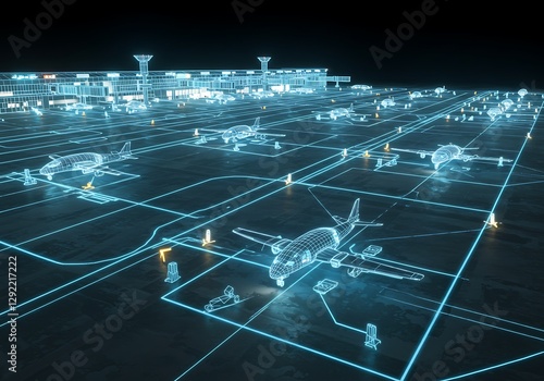 Digital Airport Terminal View with Airplanes and Neon Lines