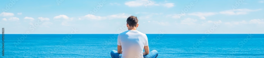 Man Meditating by the Serene Ocean View Man Meditating by the Serene Ocean View
