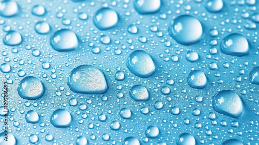 Water droplets clustering on vivid blue surface, reflecting light and creating intricate textural pattern with dynamic liquid formations Water droplets clustering on vivid blue surface, reflecting light and creating intricate textural pattern with dynamic liquid formations