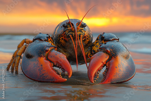 Giant Sea Lobster Emerging from Ocean Depths at Vibrant Sunset