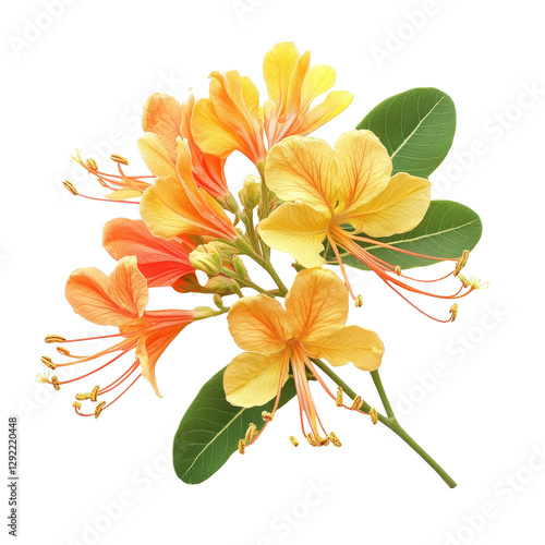 Caesalpinia flower cluster with vibrant yellow and orange petals isolated on Transparent background, Close up orange Caesalpinia pulcherima flowers isolated on PNG background photo