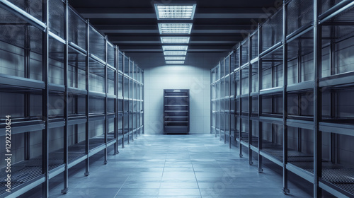 Wallpaper Mural Cold room in warehouse with empty metal racks. Vector cartoon interior of industrial storage freezer with shelves, tiled walls and floor. Refrigerator chamber in factory, store or restaurant Torontodigital.ca