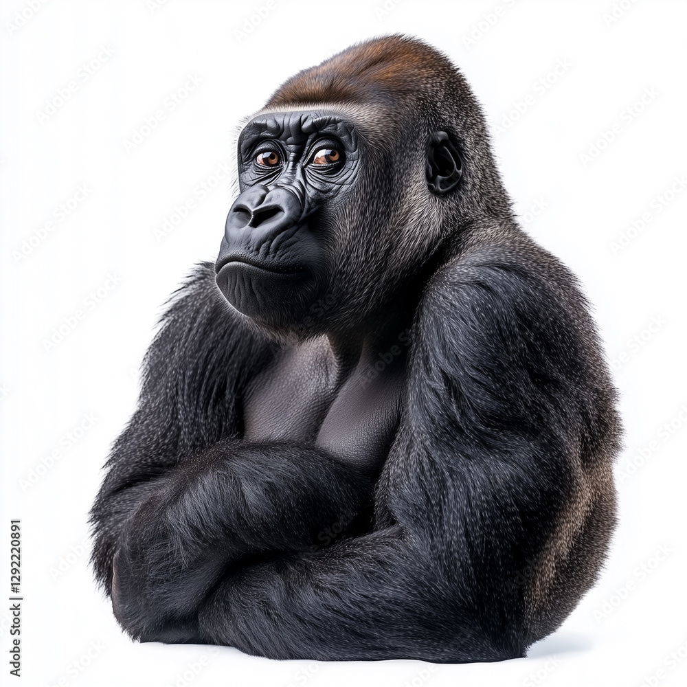 Fototapeta premium A majestic gorilla with deep eyes and thick black fur, captured in a powerful yet calm pose against white.