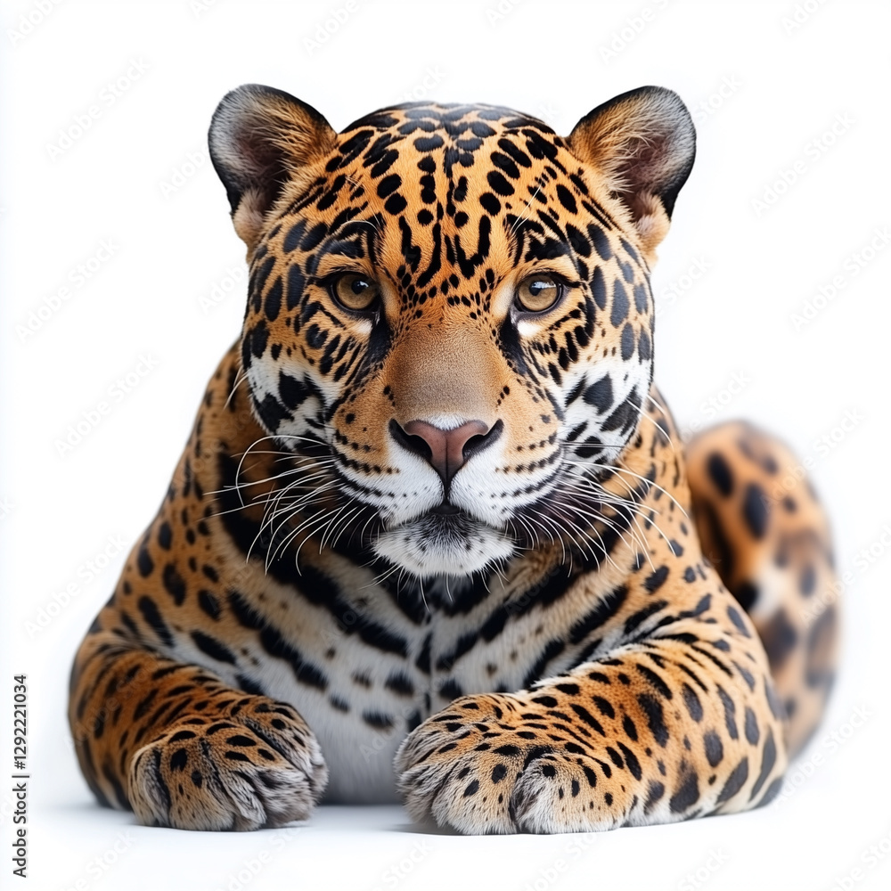 A powerful jaguar lying down with an intense stare, showcasing its golden fur and bold black rosettes, isolated on white. A powerful jaguar lying down with an intense stare, showcasing its golden fur and bold black rosettes, isolated on white.