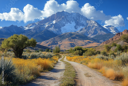 Scenic dirt road leading towards majestic snow-capped mountains