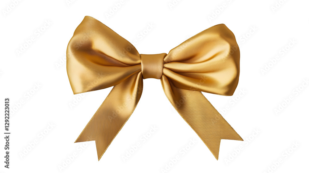 Golden metallic bow floating against transparent backdrop, enhancing festive packaging with luxurious decorative shimmer Golden metallic bow floating against transparent backdrop, enhancing festive packaging with luxurious decorative shimmer