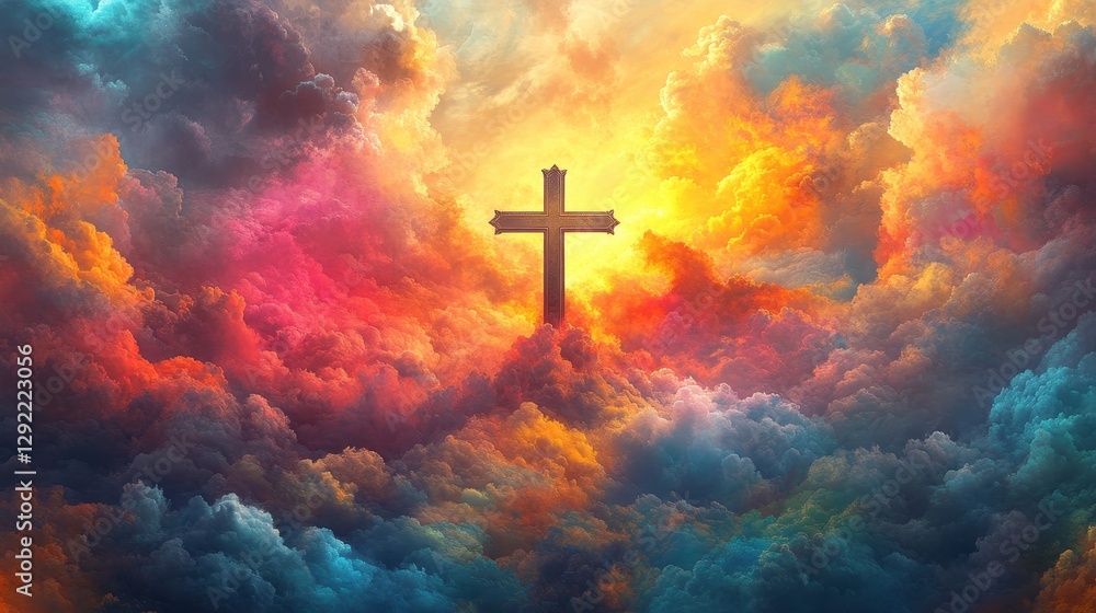 Cross amidst vibrant clouds and radiant sunset sky Cross amidst vibrant clouds and radiant sunset sky