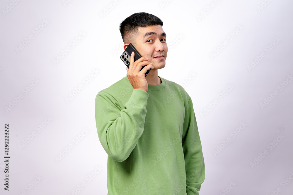 An Asian man in a green sweatshirt is holding a smartphone to his ear, appearing to be on a call. He has a slight smile and a relaxed posture. The background is white