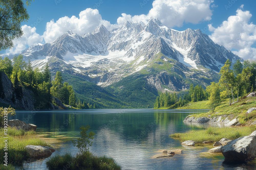 Fototapeta premium Mirror Lake, Majestic Snow-Capped Peaks Reflect on Serene Waterscape