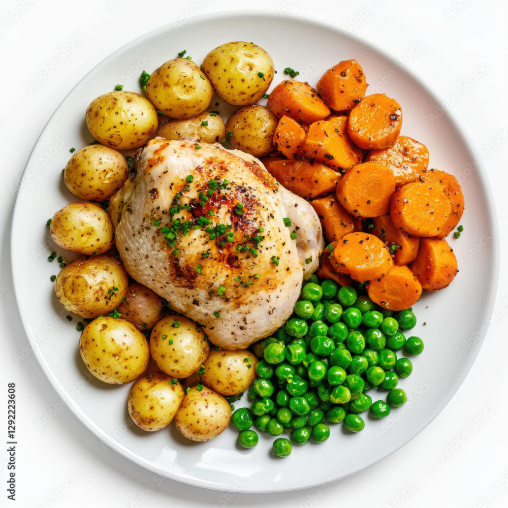 a white circular plate of a traditional roast chicken with roast potatoes, roast carrots, peas realistic food photography, isolated on a white background. a white circular plate of a traditional roast chicken with roast potatoes, roast carrots, peas realistic food photography, isolated on a white background.