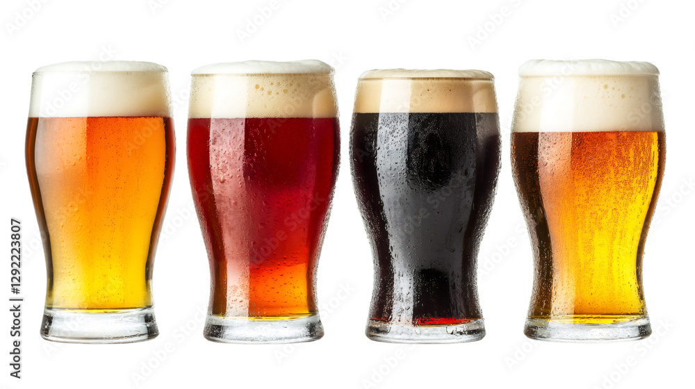 Craft beer varieties gleaming with condensation, frothy heads highlighting diverse brewing styles Craft beer varieties gleaming with condensation, frothy heads highlighting diverse brewing styles