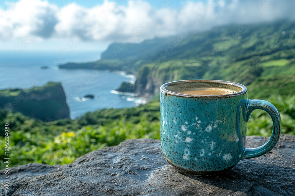 Obraz premium Coastal Cliffside Coffee, A Serene Morning Moment in Nature's Embrace
