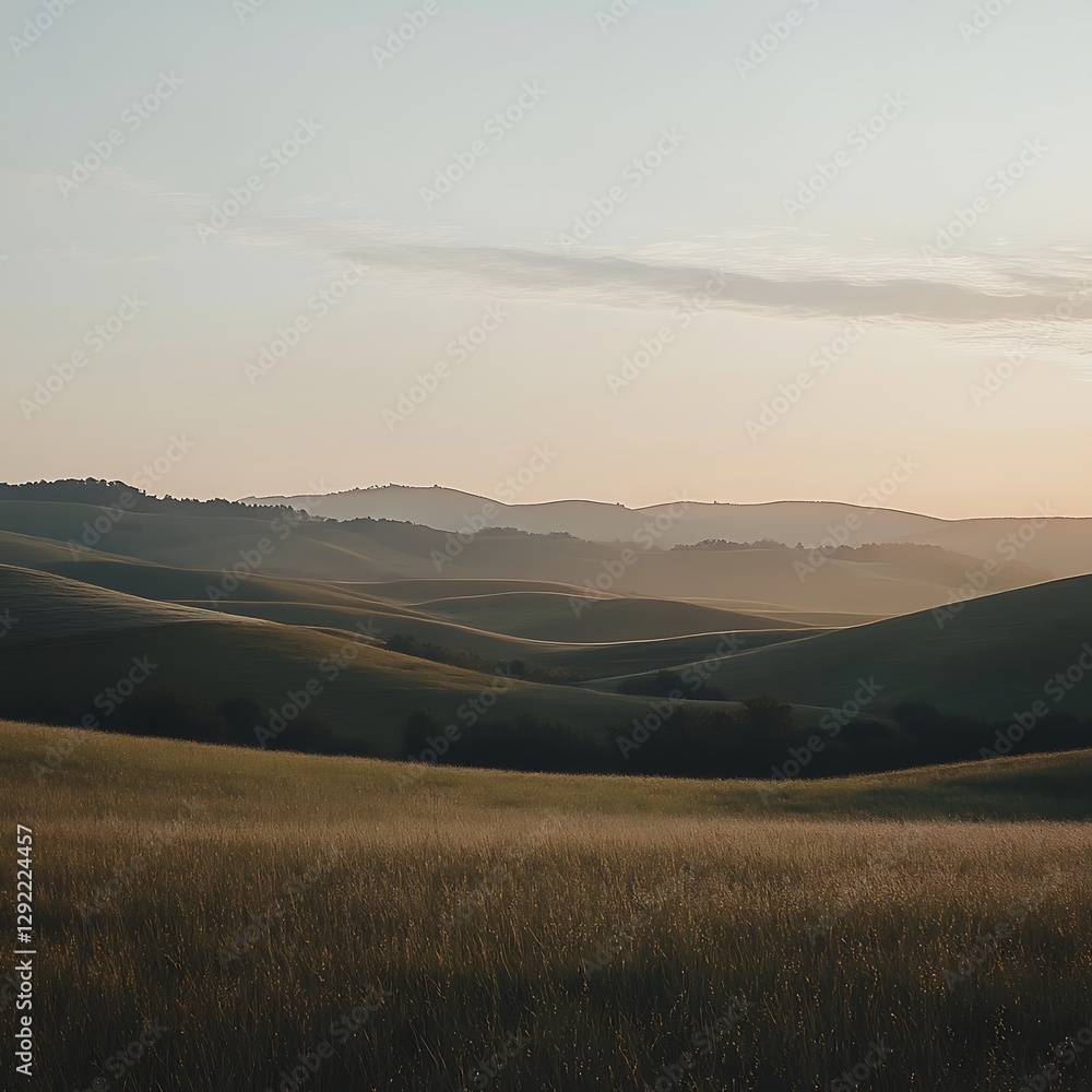 Fototapeta premium Sunrise over rolling hills with trees and misty valleys high resolution picture