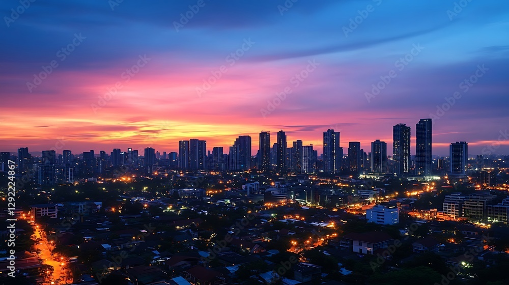 Obraz premium Sunset over modern urban downtown with cityscape skyline high resolution picture