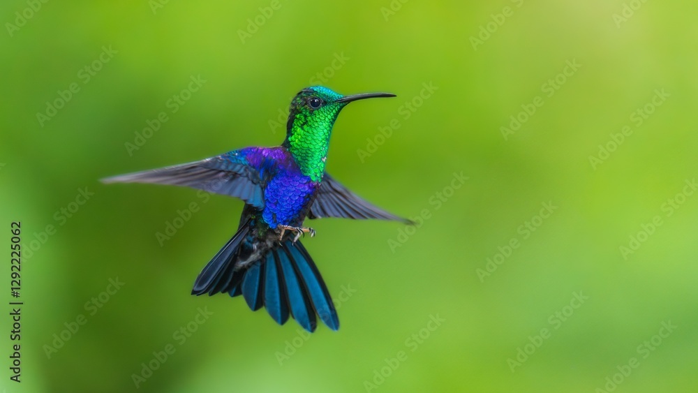 Fototapeta premium Desktop Wallpaper 16:9, Green Crowned Woodnymph - Thalurania colombica hummingbird family Trochilidae, found in Belize to Peru, blue and green shiny bird flying on the colorful background. 