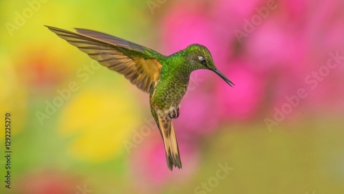 Desktop Wallpaper 16:9, Buff-tailed Coronet (Boissonneaua flavescens), Best humminbird in Ecuador. Wildlife scene from nature. Birdwatching in South America, humminbird in flight, pastel background
