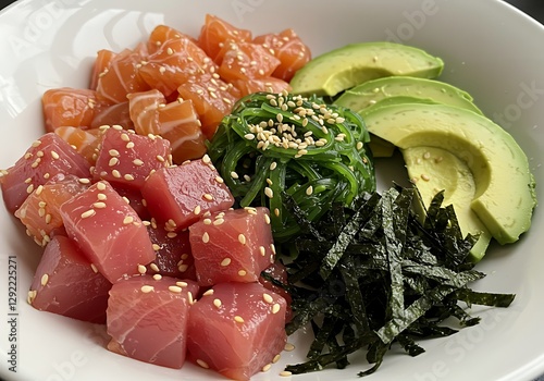 Preparing Poke Bowl with Tuna, Salmon, Avocado and Seaweed Salad photo