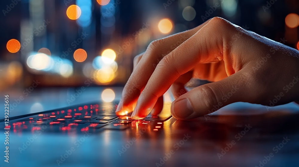 Close up of a Sweaty Hand Typing on a Glowing Laptop Keyboard at Night Close up of a Sweaty Hand Typing on a Glowing Laptop Keyboard at Night