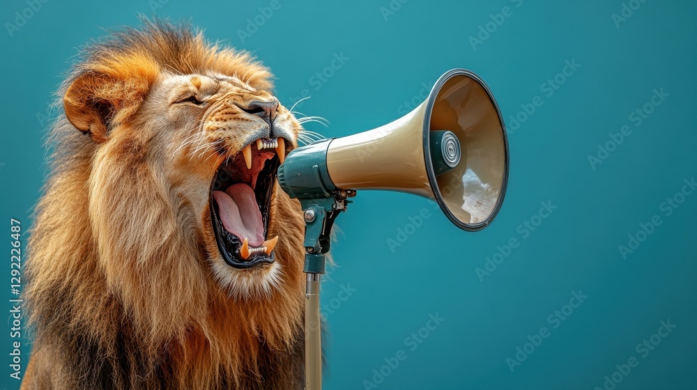 Fototapeta premium Roaring lion using megaphone against blue background