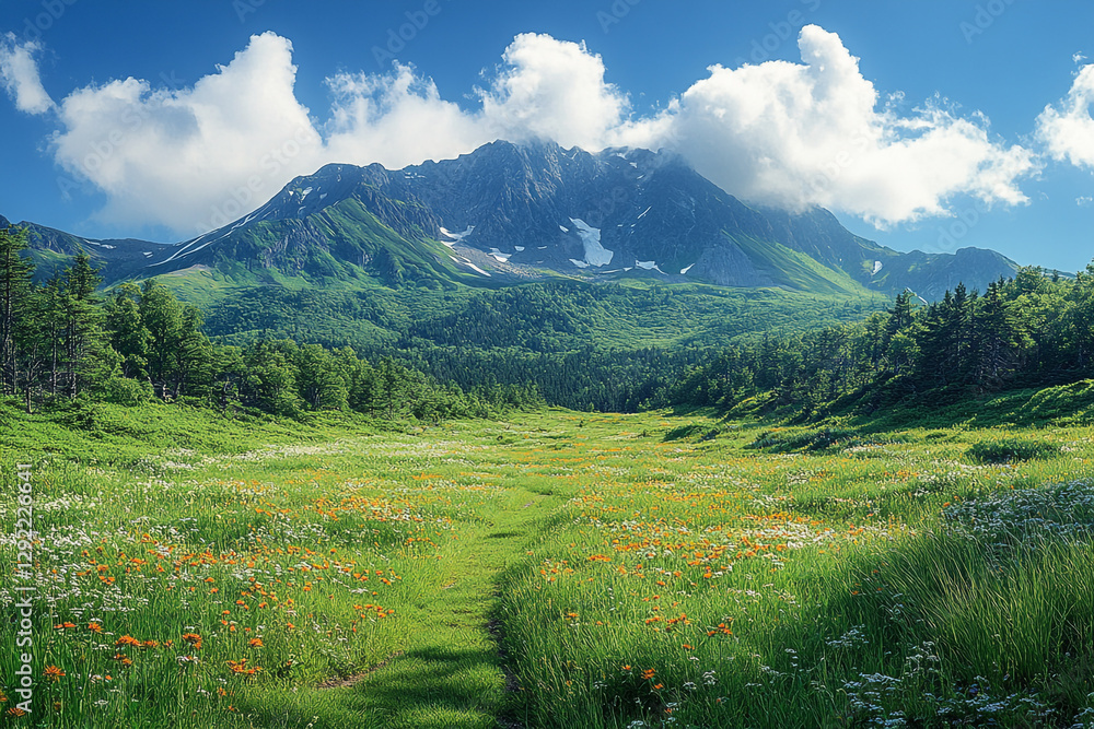 Fototapeta premium Idyllic Mountain Vista, Meadow Path to Cloudy Peaks in Verdant Landscape