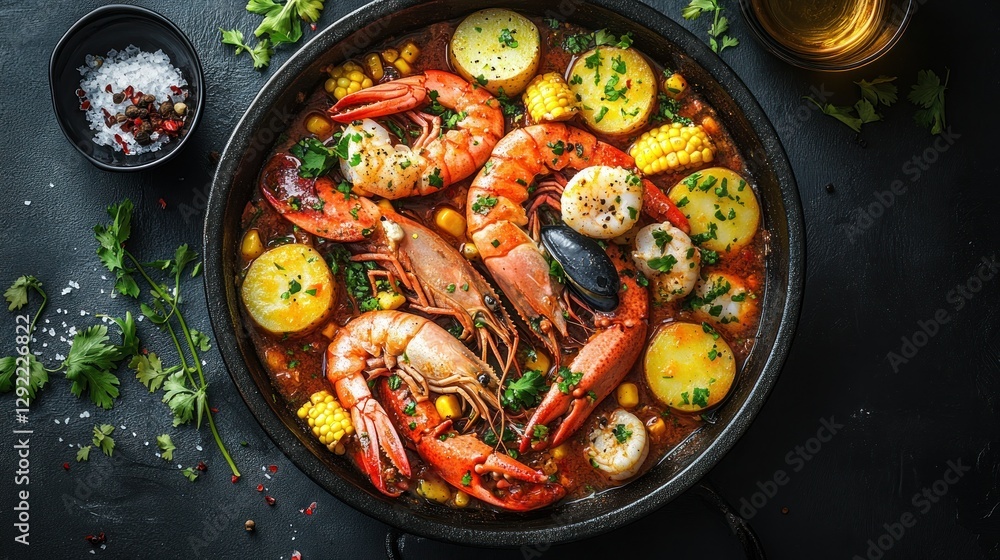 Delicious seafood boil in cast iron skillet, with corn, potatoes, and herbs, on dark background; gourmet meal Delicious seafood boil in cast iron skillet, with corn, potatoes, and herbs, on dark background; gourmet meal