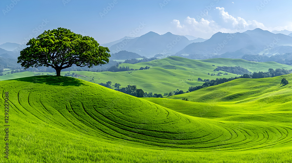 Fototapeta premium Lone tree on rolling green hills, mountain backdrop, idyllic rural scene, nature photography