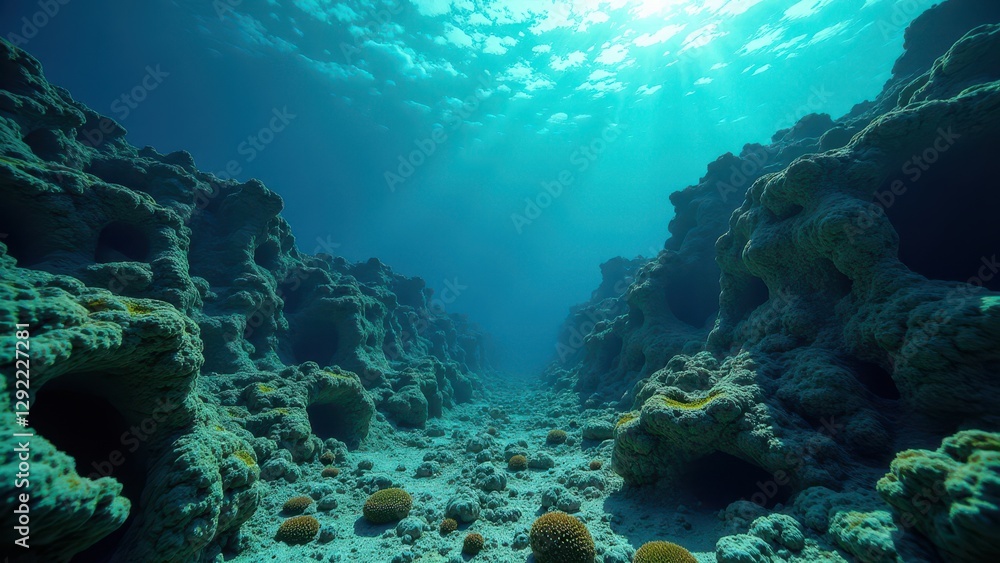 Fototapeta premium Underwater coral canyon showing signs of bleaching and environmental damage 