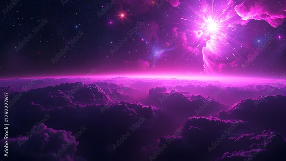 Naklejka premium Celestial Horizon Radiant Cosmic Light and Hyper-Detailed Nebula Structures