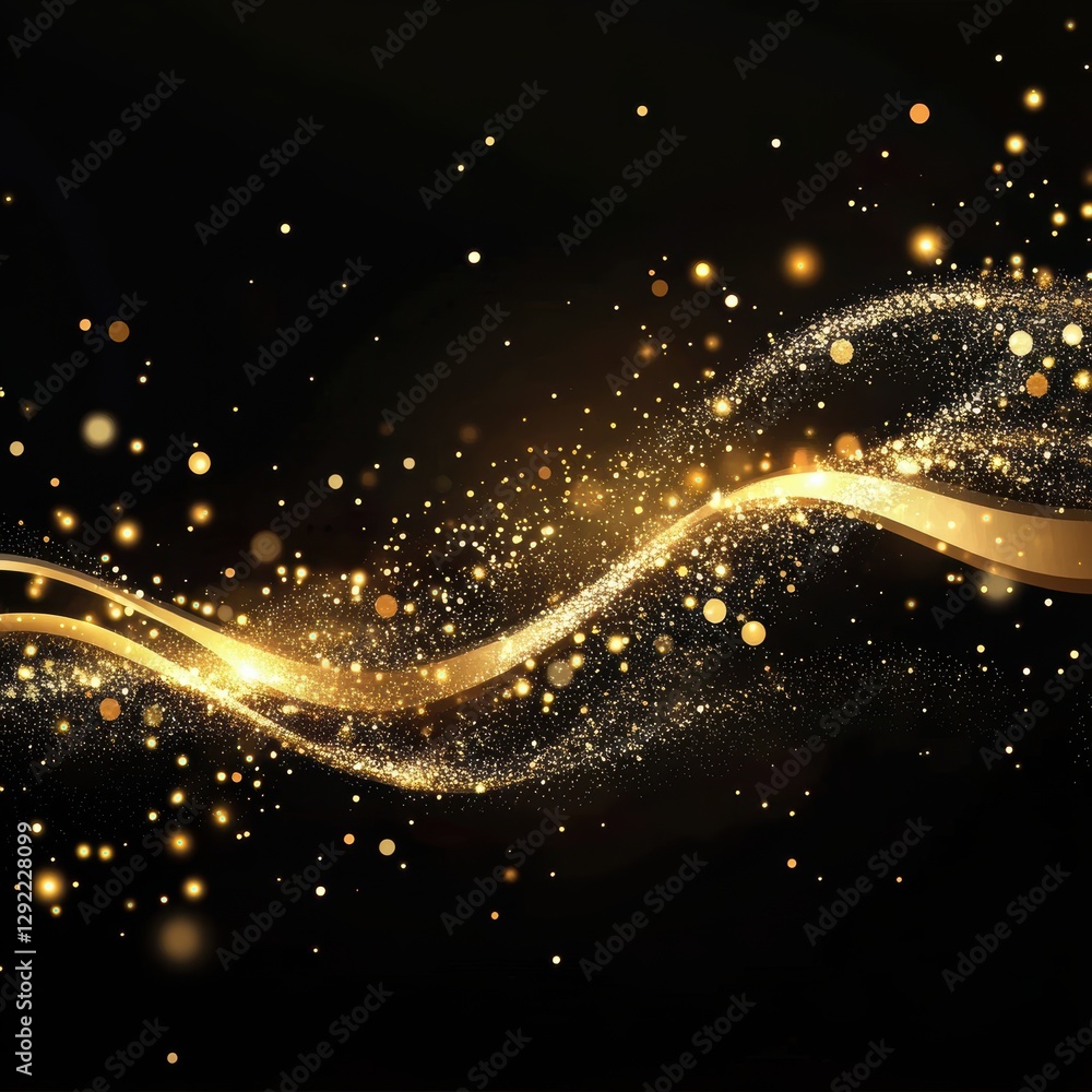Fototapeta premium A captivating swirl of golden particles glimmers against a black background, creating a dynamic visual effect ideal for celebrations, awards, or elegant design projects