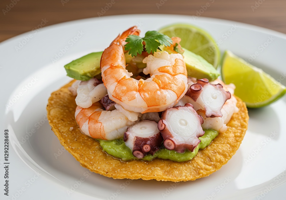 Seafood Tostada with Shrimp Octopus and Avocado a Delicious Snack Seafood Tostada with Shrimp Octopus and Avocado a Delicious Snack