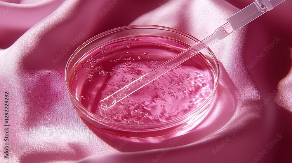 Pink gelatinous substance in petri dish on luxurious pink satin fabric Pink gelatinous substance in petri dish on luxurious pink satin fabric