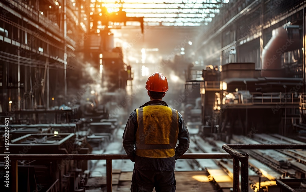 A construction worker in safety gear gazes out over a busy factory floor, surrounded by machinery and beams of sunlight filtering through smoke, showcasing the hustle of industrial A construction worker in safety gear gazes out over a busy factory floor, surrounded by machinery and beams of sunlight filtering through smoke, showcasing the hustle of industrial