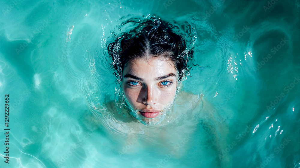 le visage d'une femme qui sort à peine de l'eau, vu de dessus le visage d'une femme qui sort à peine de l'eau, vu de dessus