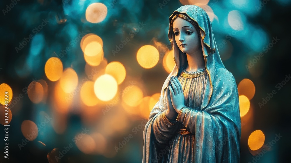 Statue of praying female figure with bokeh background in warm light Statue of praying female figure with bokeh background in warm light
