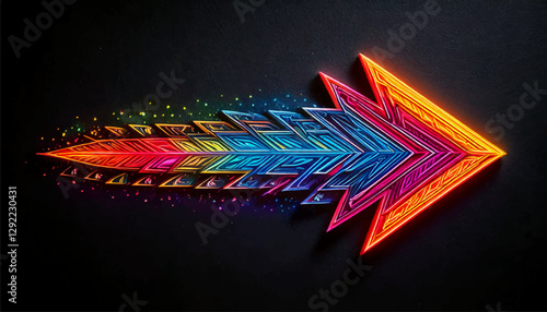 Colorful neon glowing neon arrow sign on black wall backside vector