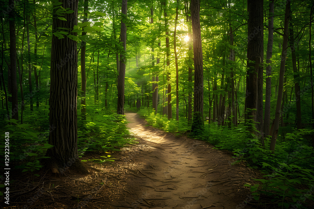 Obraz premium Sunlit Forest Path: A Serene Exploration Through Verdant Woods
