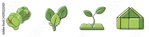 Charming cartoon greenhouse,  red cabbage sprouts,  lush seedling growth in tray and spinach sprouts icon set for eco-friendly designs and garden concepts