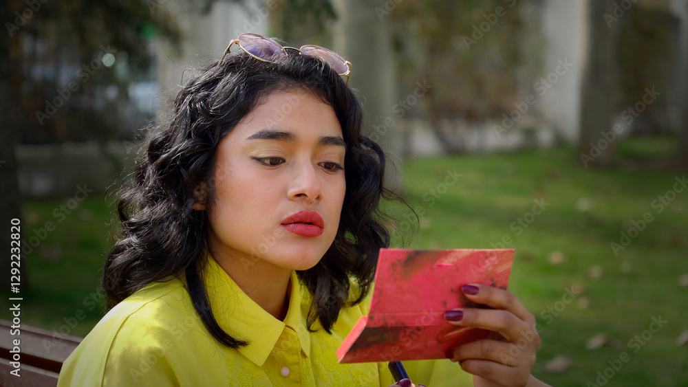 Young latin american woman applying makeup outdoors in a park