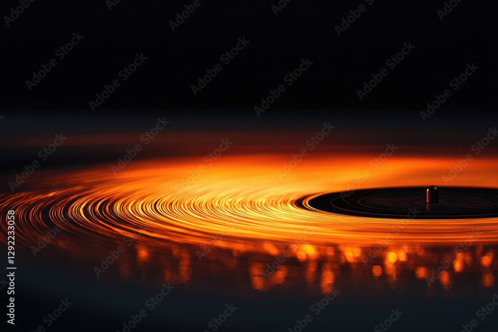 Fototapeta premium A spinning vinyl record illuminated with warm, orange light, creating a mesmerizing effect.