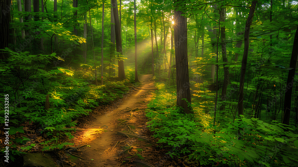 Obraz premium Sunlit Forest Path: A Serene Exploration Through Verdant Woods