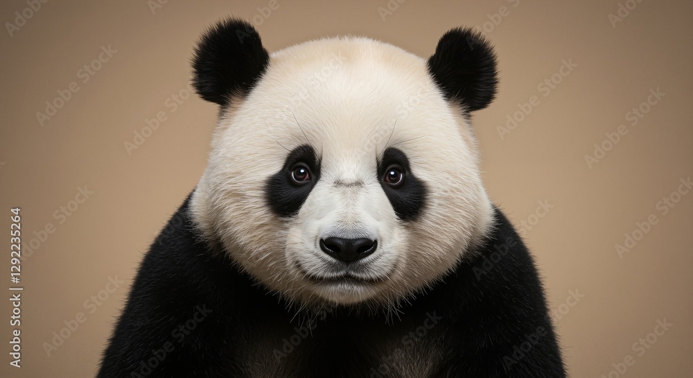 Fototapeta premium Panda bear portrait with expressive eyes and unique black and white fur, evoking a sense of curiosity and affection, against a soft neutral background