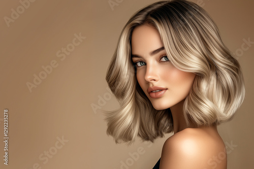 Beautiful blonde model girl with medium length curly hair . Smiling woman hairstyle wavy curls . Hair coloring balayage and shatush.Hair care and hair coloring. Fashion , beauty and makeup .