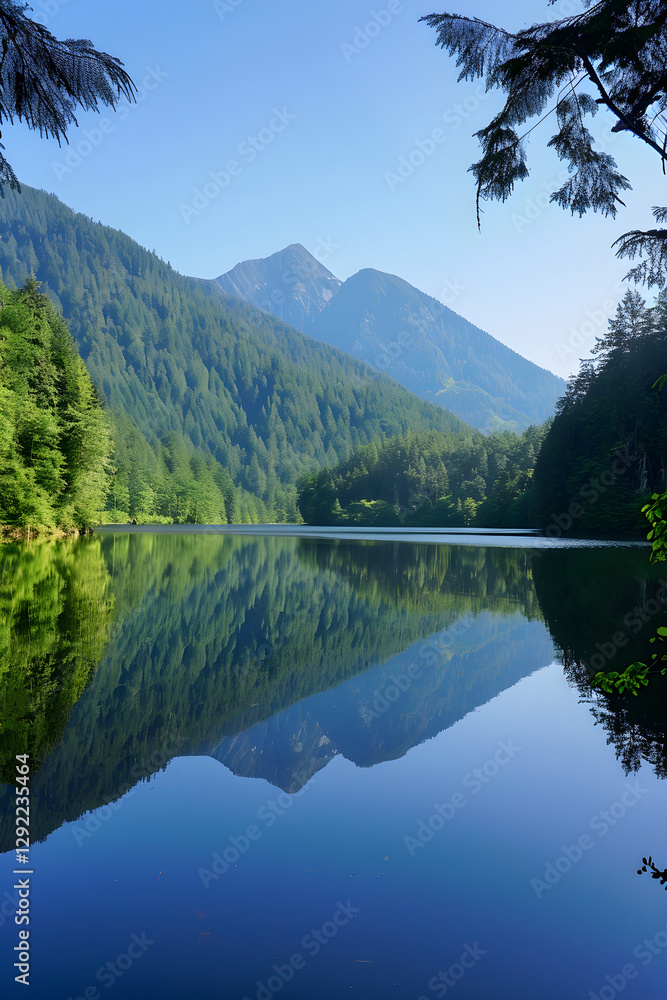 Pristine Mountain Lake Reflecting Lush Forests Under Clear Blue Sky, Capturing Pure Natural Beauty Pristine Mountain Lake Reflecting Lush Forests Under Clear Blue Sky, Capturing Pure Natural Beauty