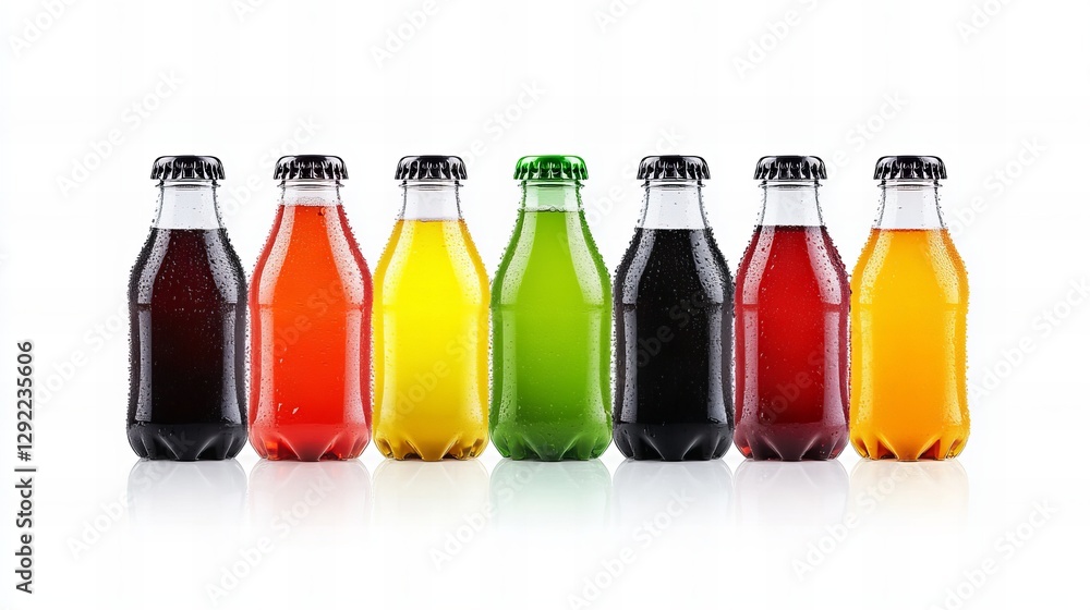 Six colorful bottles of soda pop, refreshing and vibrant, stand in a row against a white background. Six colorful bottles of soda pop, refreshing and vibrant, stand in a row against a white background.