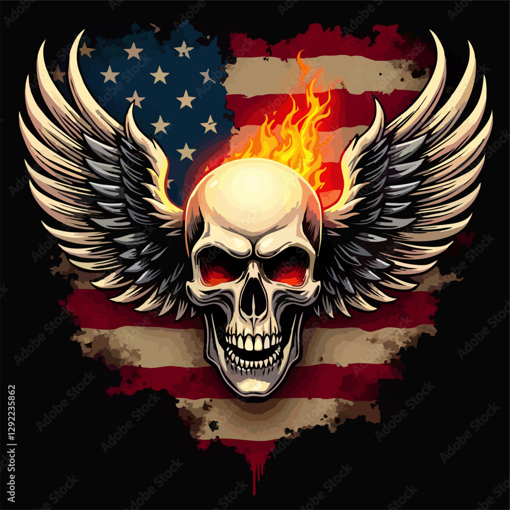 Fototapeta premium Biker vector t-shirt design with fire human skull, wings, flame on usa flag background. Fashionable print for fabric, paper, men clothing, hoodie, jacket. T shirt american template.