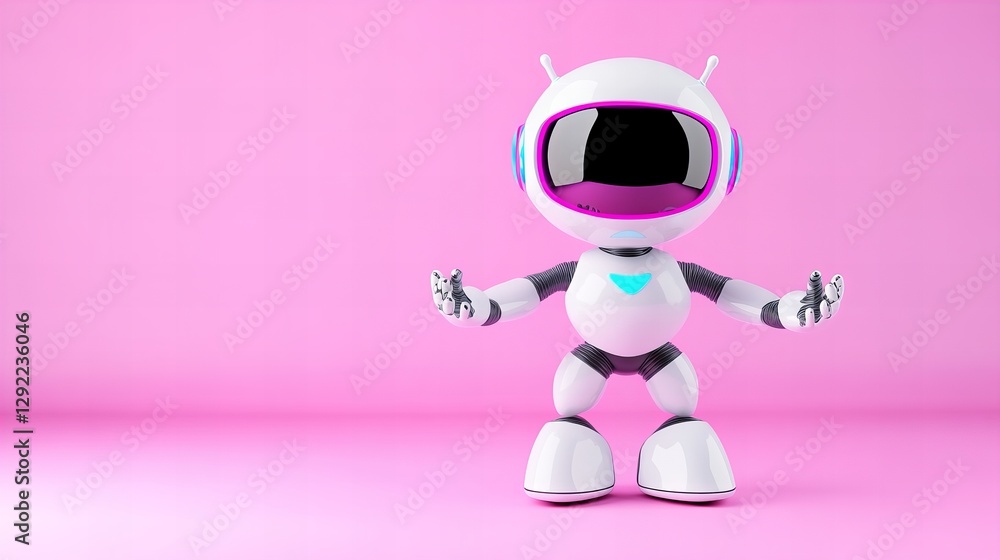 Friendly robot with pink accents against a bright pink background. Cute and playful, ready to assist! Friendly robot with pink accents against a bright pink background. Cute and playful, ready to assist!