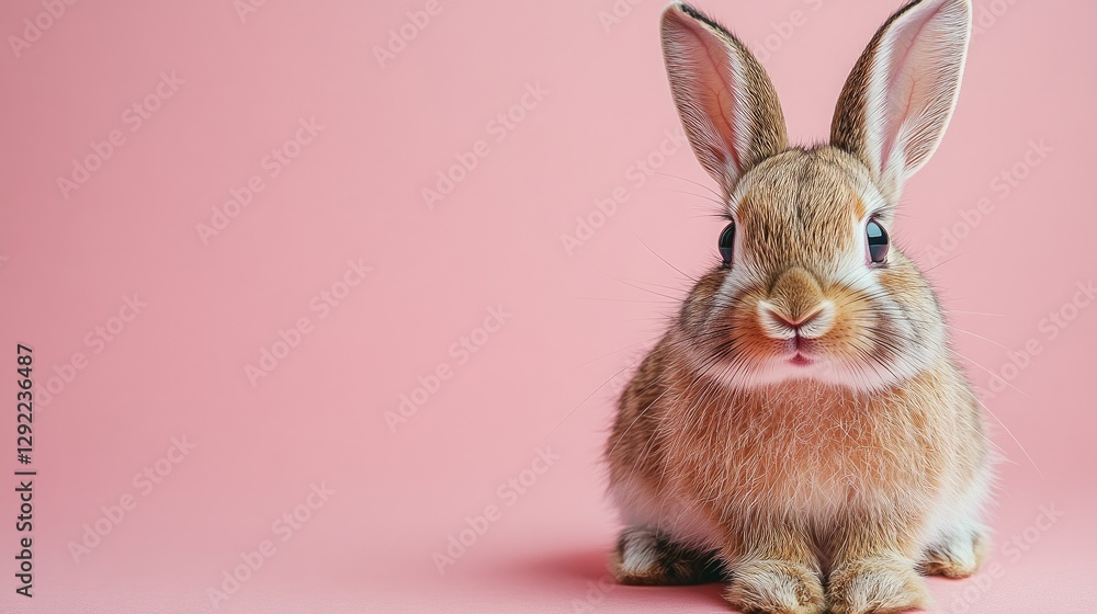 Fototapeta premium Photo of a little bunny, on a soft pink background Easter theme